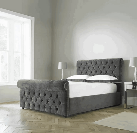 Chenille Fabric Sleigh Bed