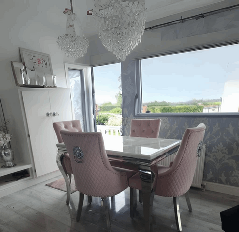 Louis White Marble Table with Pink Majestic Chairs