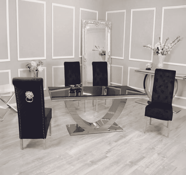 Arial black Glass Table and Black Sofia Chairs solid furniture uk