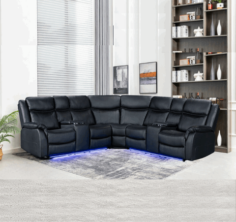 Chicago Led Electric Recliner Black Corner Sofa console led lights leather recliner Solid Furniture LTD 