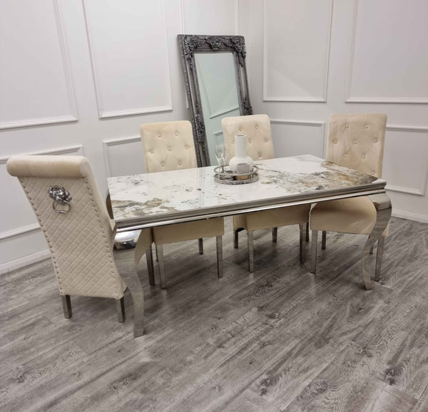 Pandora Gold Louis Table with Mink Sofia Chairs SOLID FURNITURE LTD