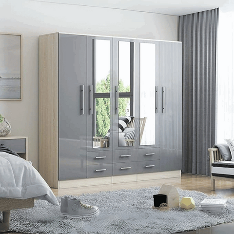 GREY Gloss Large Wardrobe - 5 Door 6 Drawers & Mirrors