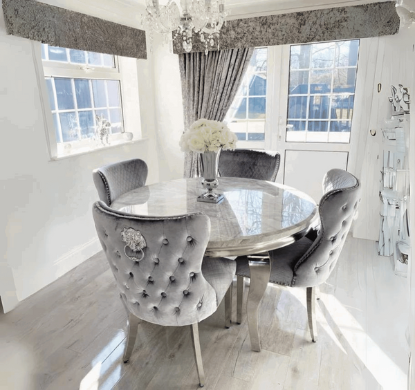 Louis Grey Round Marble Dining Table With Grey Dining Chairs