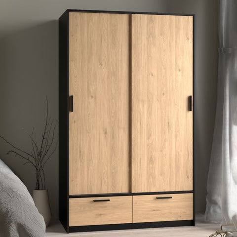 Close Up View of Line Black & Oak Sliding Door Wardrobe 