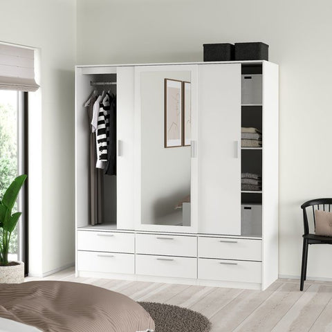 Ample Space of Line White Wardrobe with 3 Doors 6 Drawers