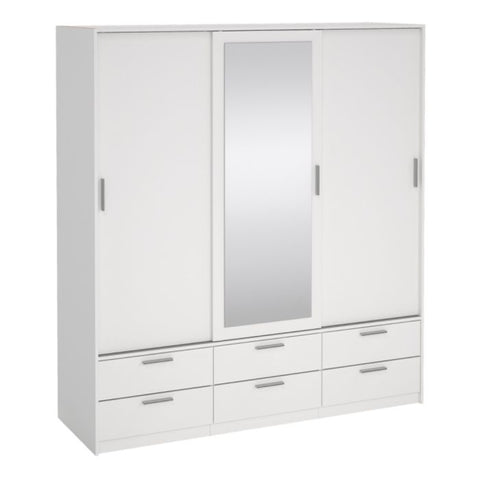 Line White Wardrobe with 3 Sliding Doors 6 Drawers in White