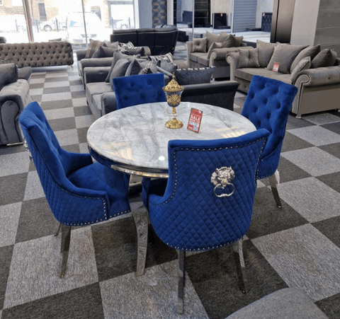 Louis Grey Round Marble Dining Table With Navy Majestic Dining Chairs