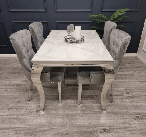 Louis White Marble Table And Megan Light Grey Velvet Dining Chairs