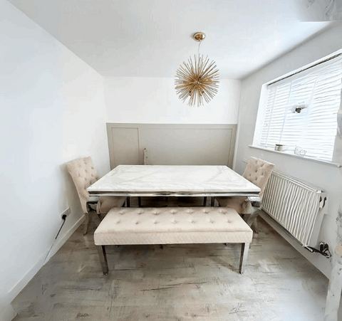 Louis White Marble Table with Mink Majestic Chairs and Bench