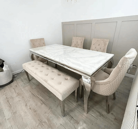 Louis White Marble Table with Mink Majestic Chairs and Bench