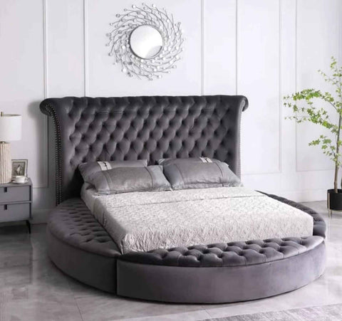 Lux Round Soft Grey Velvet Fabric Bed SOLID FURNITURE