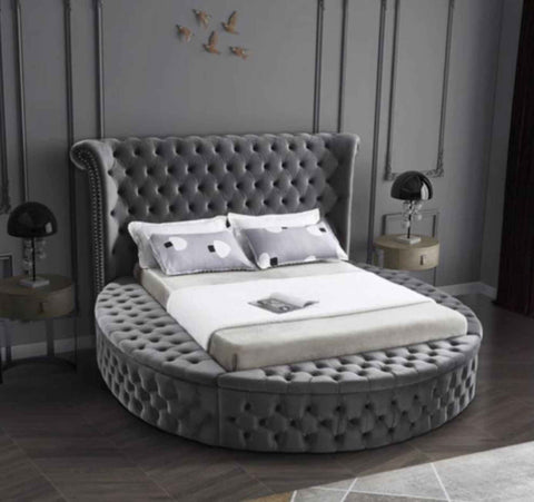 Lux Round Soft Grey Velvet Fabric Bed SOLID FURNITURE