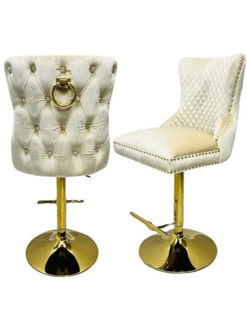 Valencia Bar Stools in Cream Plush Velvet with Gold Knocker