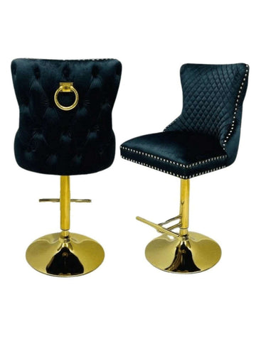 Valencia Gold Bar Stool in Black Plush Velvet with Gold Knocker