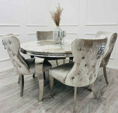 Pandora Gold Round Louis with 4 x Beige Shimmer Valentino Chairs SOLID FURNITURE LTD