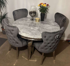 Louis Grey Round Marble Dining Table With Grey Dining Chairs