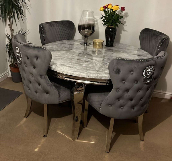 Louis Grey Round Marble Dining Table With Grey Dining Chairs