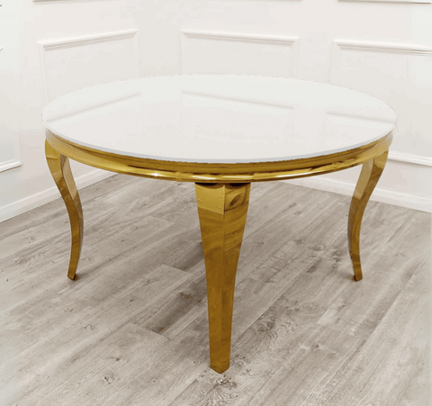 Louis Gold Round White Marble Dining Table with Cream Velvet Chairs