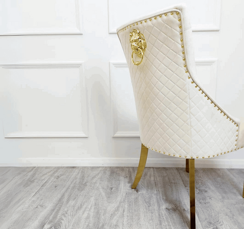 Louis Gold Round White Marble Dining Table with Cream Velvet Chairs