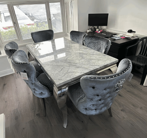 Louis Grey Marble Dining Table With Grey Dining Chairs