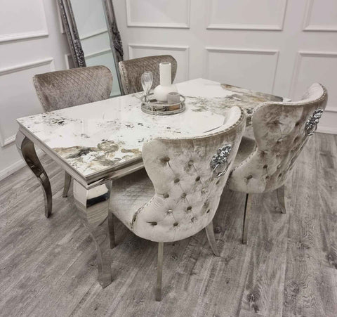 Louis Pandora Marble Dining Table With Beige Dining Chairs SOLID FURNITURE LTD