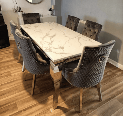 Louis White Marble Dining Table With Dark Grey Dining Chairs SOLID FURNITURE LTD