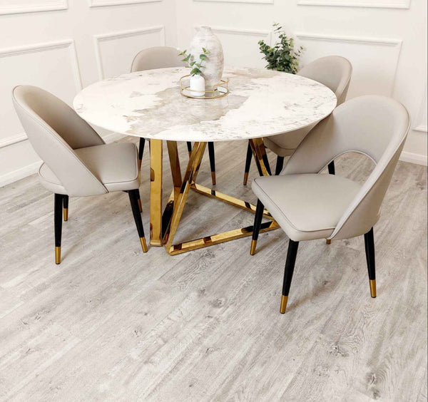 Nero Round Gold Table with Astra Beige Chairs SOLID FURNITURE