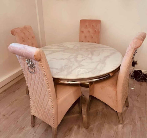 Louis White Round Marble Dining Table With Pink Chairs SOLID FURNITURE LTD