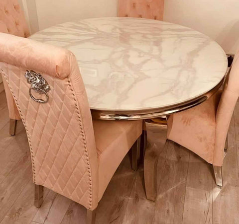 Louis White Round Marble Dining Table With Pink Chairs SOLID FURNITURE LTD